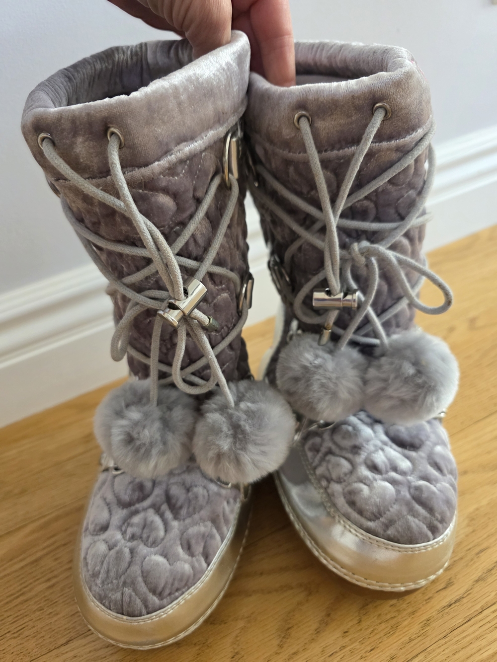 Juicy Couture Quilted Velvet Winter Boots with Pom-Poms - Silver Gray